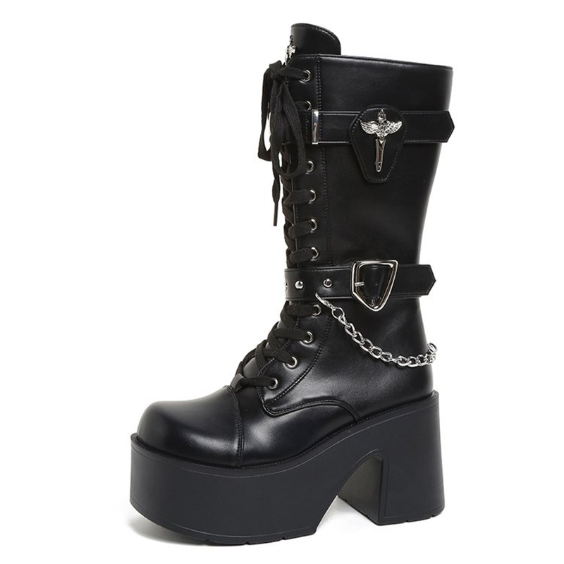 Motorcycle Chain - Goth Platform Kalın Topuklu Orta Boy
